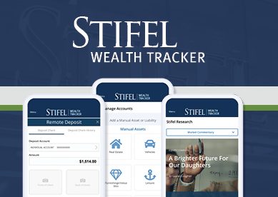 Stifel Wealth Tracker; Image of 3 cell phones with the wealth tracker features on them.